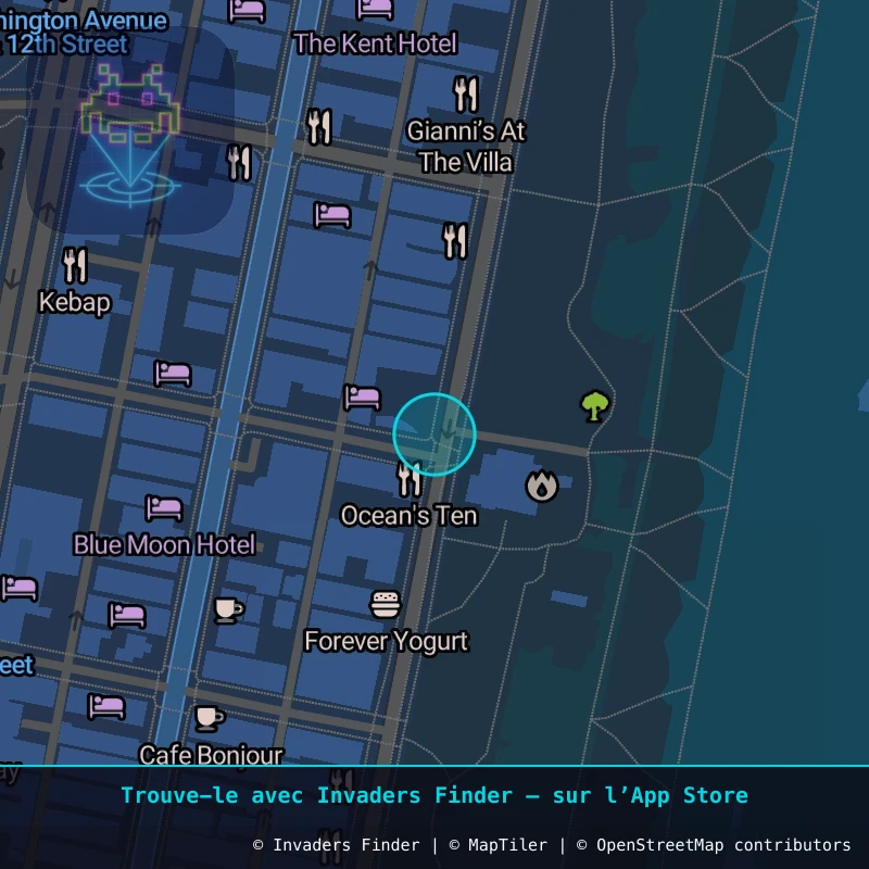 Zone approximative de l'invader MIA_70, dans le quartier Española Way, Miami Beach à Miami. Emplacement exact disponible dans l'app Invaders Finder.