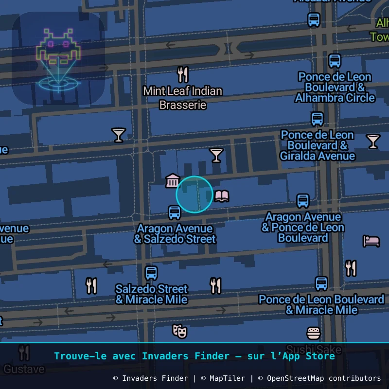 Zone approximative de l'invader MIA_75, dans le quartier Coral Gables à Miami. Emplacement exact disponible dans l'app Invaders Finder.