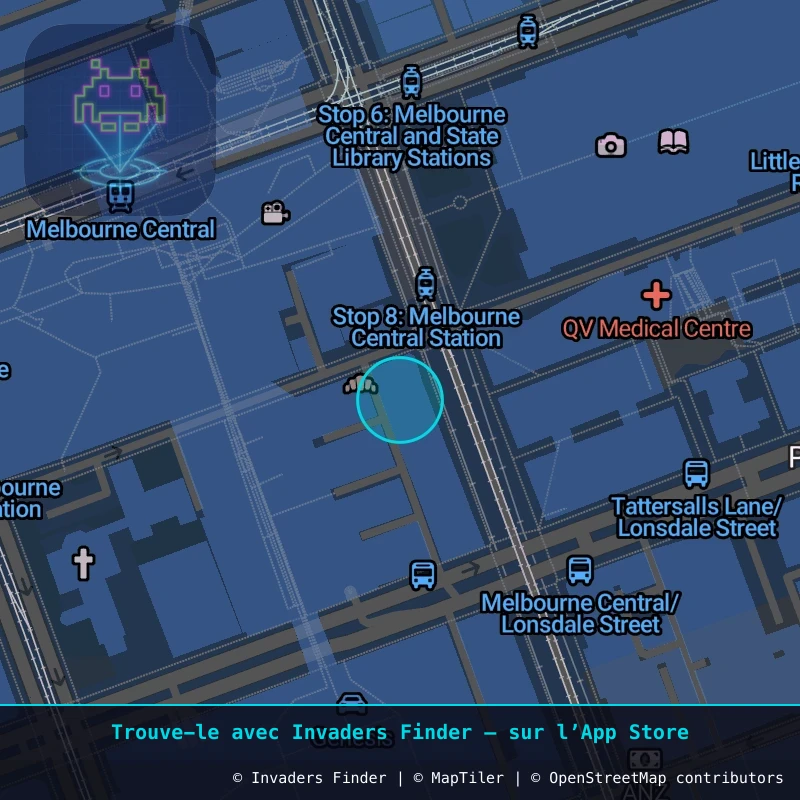 Zone approximative de l'invader MLB_02, dans le quartier Greek Precinct, Melbourne à Melbourne. Emplacement exact disponible dans l'app Invaders Finder.