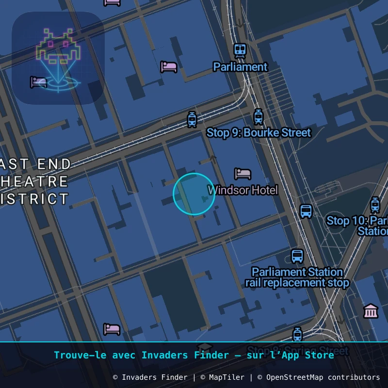 Zone approximative de l'invader MLB_07, dans le quartier Greek Precinct, Melbourne à Melbourne. Emplacement exact disponible dans l'app Invaders Finder.