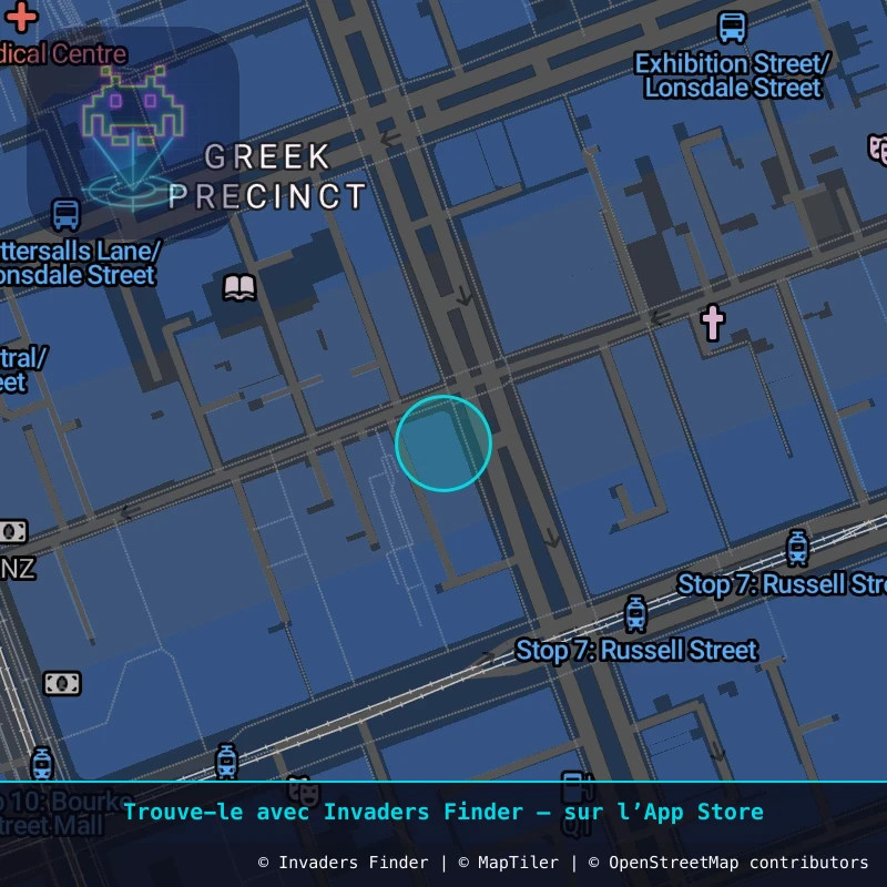 Zone approximative de l'invader MLB_08, dans le quartier Greek Precinct, Melbourne à Melbourne. Emplacement exact disponible dans l'app Invaders Finder.