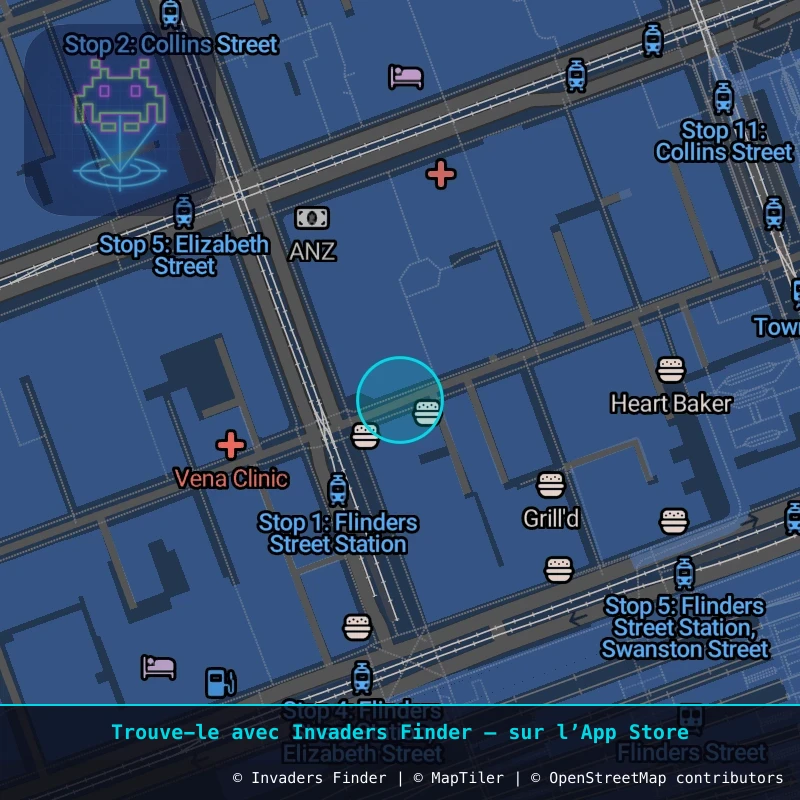 Zone approximative de l'invader MLB_22, dans le quartier Greek Precinct, Melbourne à Melbourne. Emplacement exact disponible dans l'app Invaders Finder.