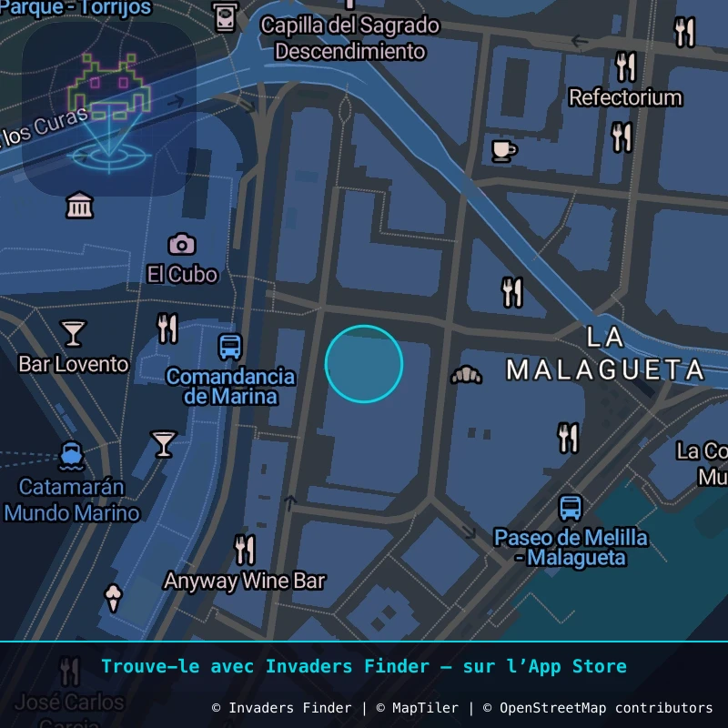 Zone approximative de l'invader MLGA_06, dans le quartier La Malagueta, Málaga à Malaga. Emplacement exact disponible dans l'app Invaders Finder.