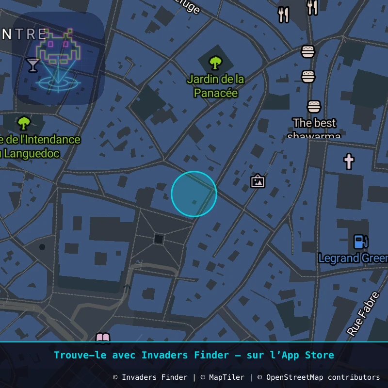 Zone approximative de l'invader MPL_08, dans le quartier Centre Historique, Montpellier à Montpellier. Emplacement exact disponible dans l'app Invaders Finder.
