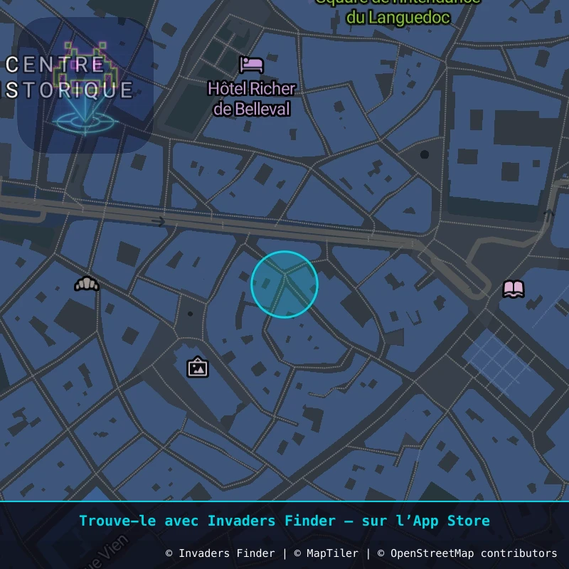 Zone approximative de l'invader MPL_32, dans le quartier Centre Historique, Montpellier à Montpellier. Emplacement exact disponible dans l'app Invaders Finder.