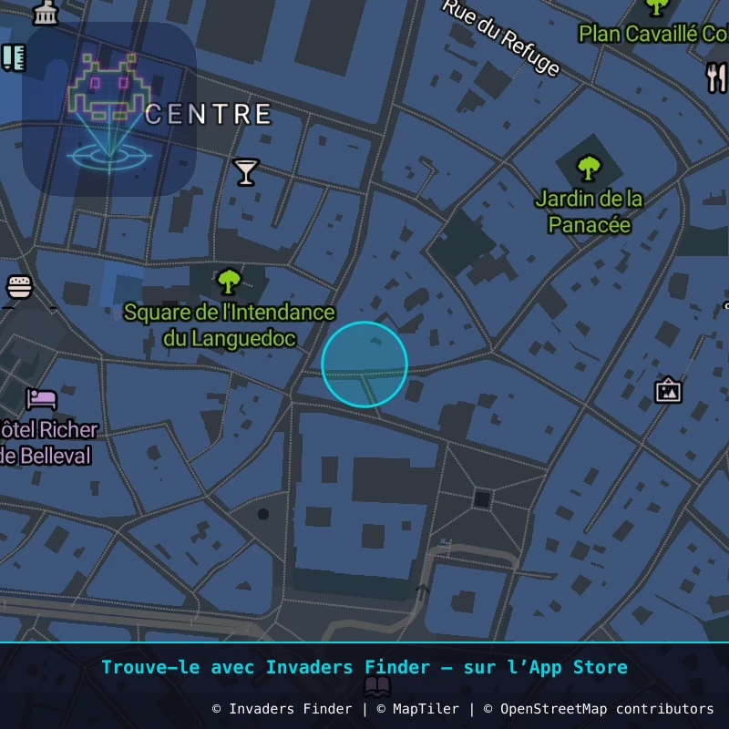 Zone approximative de l'invader MPL_36, dans le quartier Centre Historique, Montpellier à Montpellier. Emplacement exact disponible dans l'app Invaders Finder.