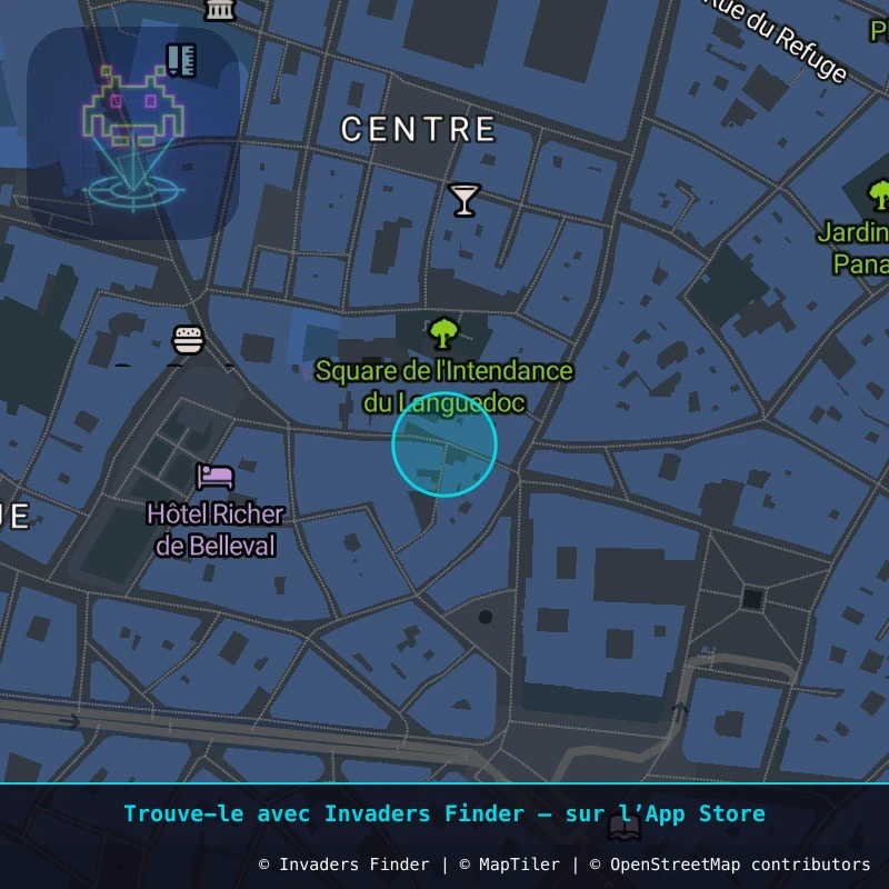 Zone approximative de l'invader MPL_38, dans le quartier Centre Historique, Montpellier à Montpellier. Emplacement exact disponible dans l'app Invaders Finder.