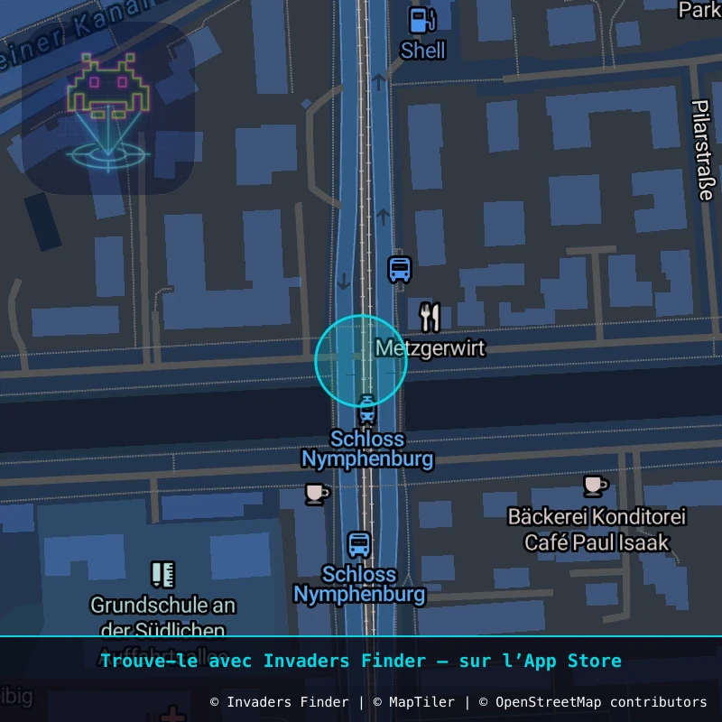 Zone approximative de l'invader MUN_06, dans le quartier Nymphenburg, Munich à Munich. Emplacement exact disponible dans l'app Invaders Finder.