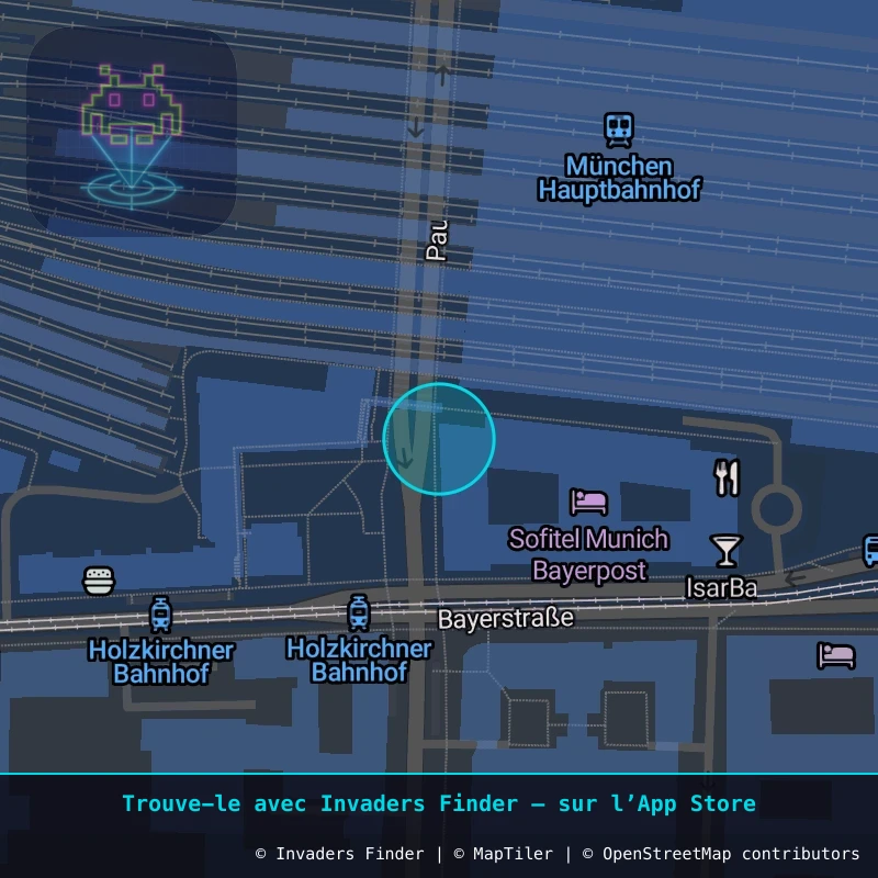 Zone approximative de l'invader MUN_15, dans le quartier Schwanthalerhöhe, Munich à Munich. Emplacement exact disponible dans l'app Invaders Finder.