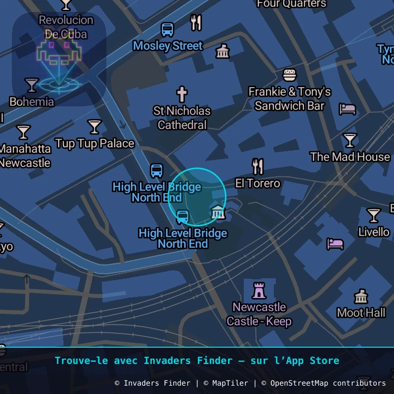Zone approximative de l'invader NCL_03, dans le quartier Grainger Town, Newcastle upon Tyne à Newcastle. Emplacement exact disponible dans l'app Invaders Finder.