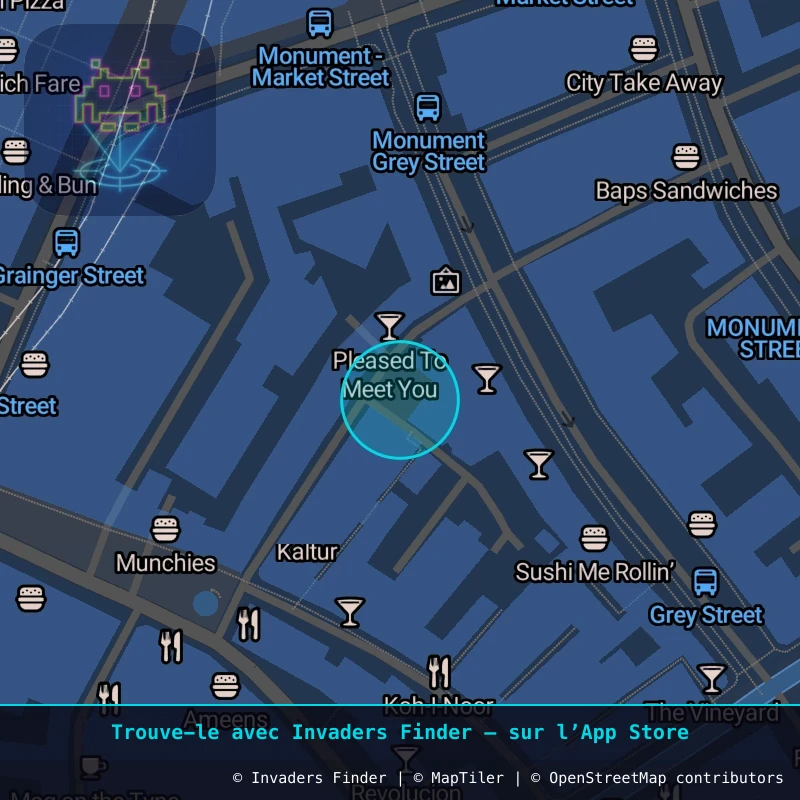 Zone approximative de l'invader NCL_04, dans le quartier Grainger Town, Newcastle upon Tyne à Newcastle. Emplacement exact disponible dans l'app Invaders Finder.