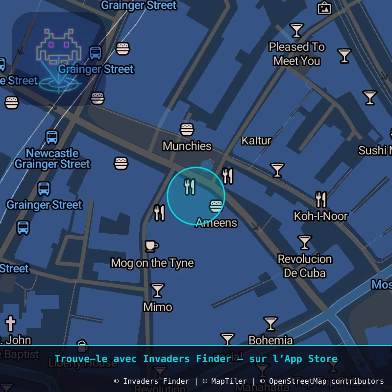 Zone approximative de l'invader NCL_09, dans le quartier Grainger Town, Newcastle upon Tyne à Newcastle. Emplacement exact disponible dans l'app Invaders Finder.