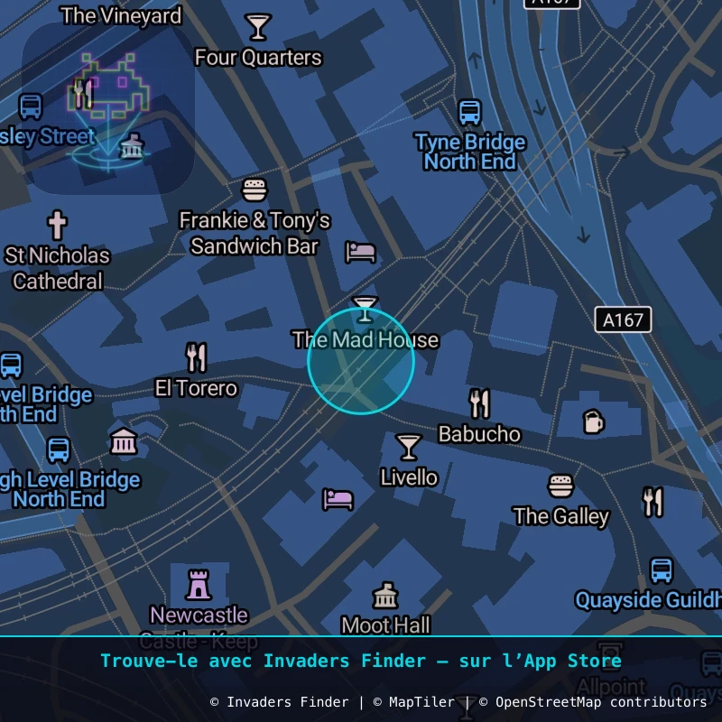 Zone approximative de l'invader NCL_16, dans le quartier Grainger Town, Newcastle upon Tyne à Newcastle. Emplacement exact disponible dans l'app Invaders Finder.
