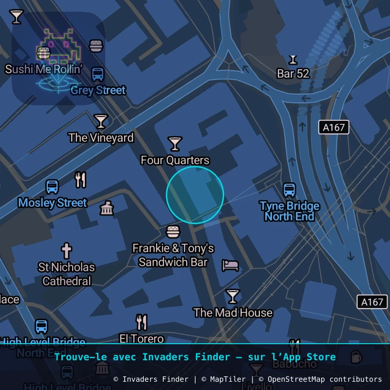 Zone approximative de l'invader NCL_22, dans le quartier Grainger Town, Newcastle upon Tyne à Newcastle. Emplacement exact disponible dans l'app Invaders Finder.