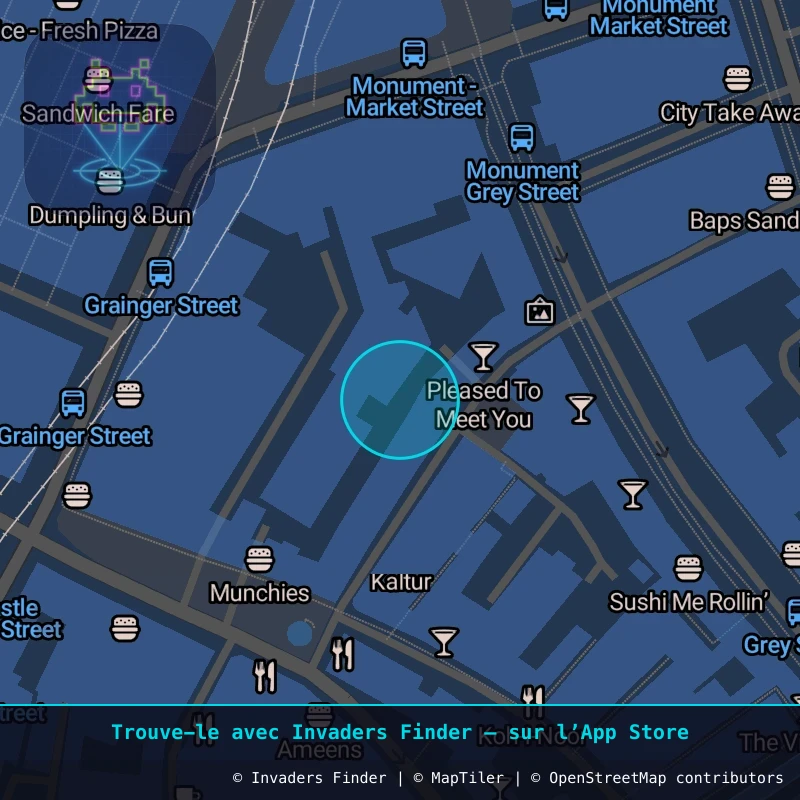 Zone approximative de l'invader NCL_23, dans le quartier Grainger Town, Newcastle upon Tyne à Newcastle. Emplacement exact disponible dans l'app Invaders Finder.