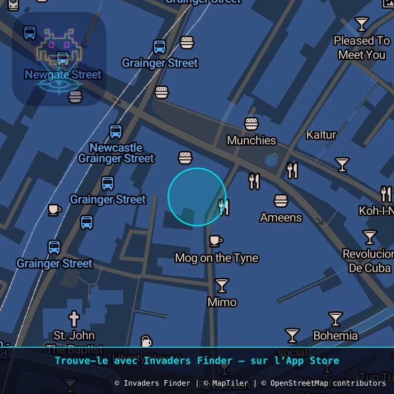 Zone approximative de l'invader NCL_24, dans le quartier Grainger Town, Newcastle upon Tyne à Newcastle. Emplacement exact disponible dans l'app Invaders Finder.