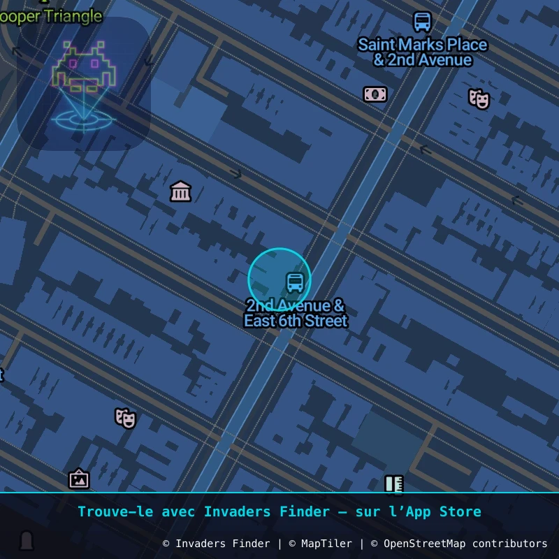 Zone approximative de l'invader NY_117, dans le quartier East Village, Manhattan à New York. Emplacement exact disponible dans l'app Invaders Finder.