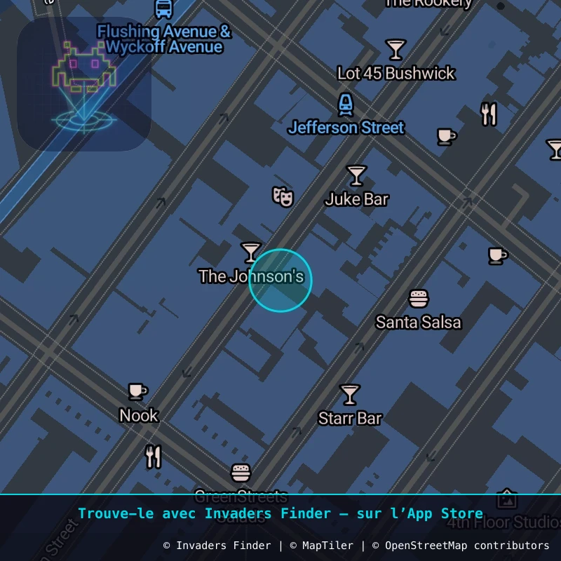 Zone approximative de l'invader NY_136, dans le quartier Bushwick, Brooklyn à New York. Emplacement exact disponible dans l'app Invaders Finder.