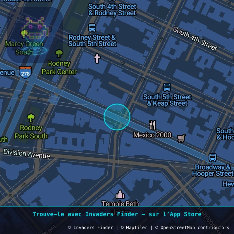 Zone approximative de l'invader NY_167, dans le quartier Williamsburg, Brooklyn à New York. Emplacement exact disponible dans l'app Invaders Finder.