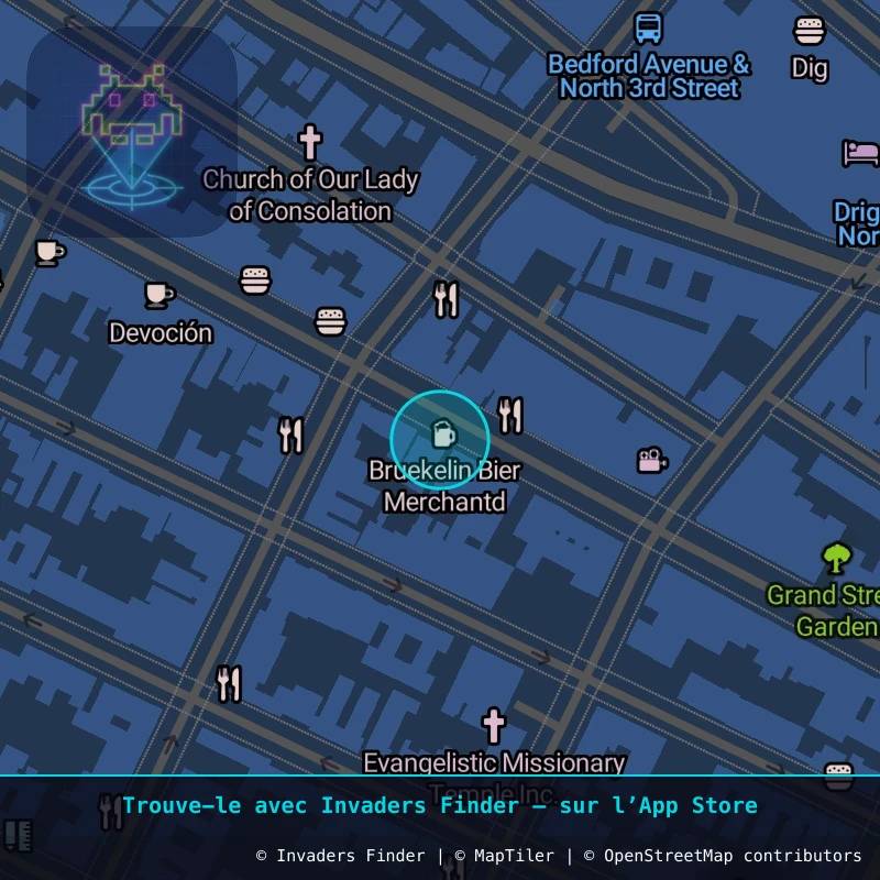 Zone approximative de l'invader NY_31, dans le quartier Williamsburg, Brooklyn à New York. Emplacement exact disponible dans l'app Invaders Finder.