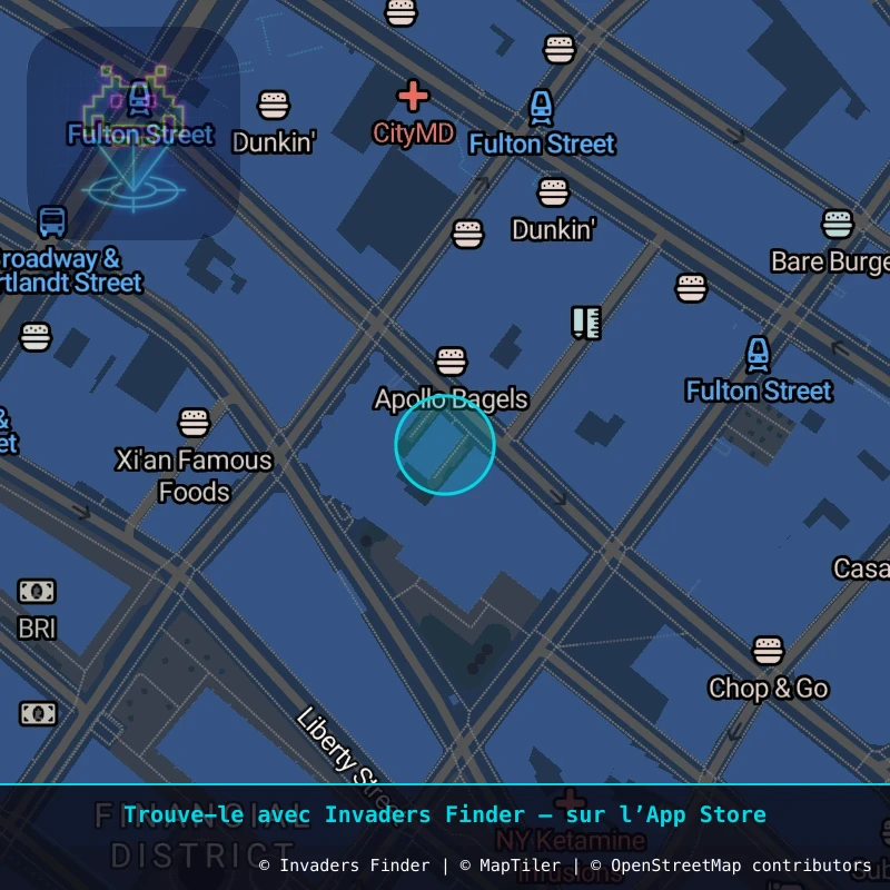 Zone approximative de l'invader NY_79, dans le quartier District Financier, Manhattan à New York. Emplacement exact disponible dans l'app Invaders Finder.