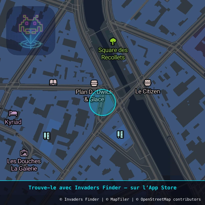 Zone approximative de l'invader PA_07, dans le quartier 10e arrondissement de Paris à Paris. Emplacement exact disponible dans l'app Invaders Finder.