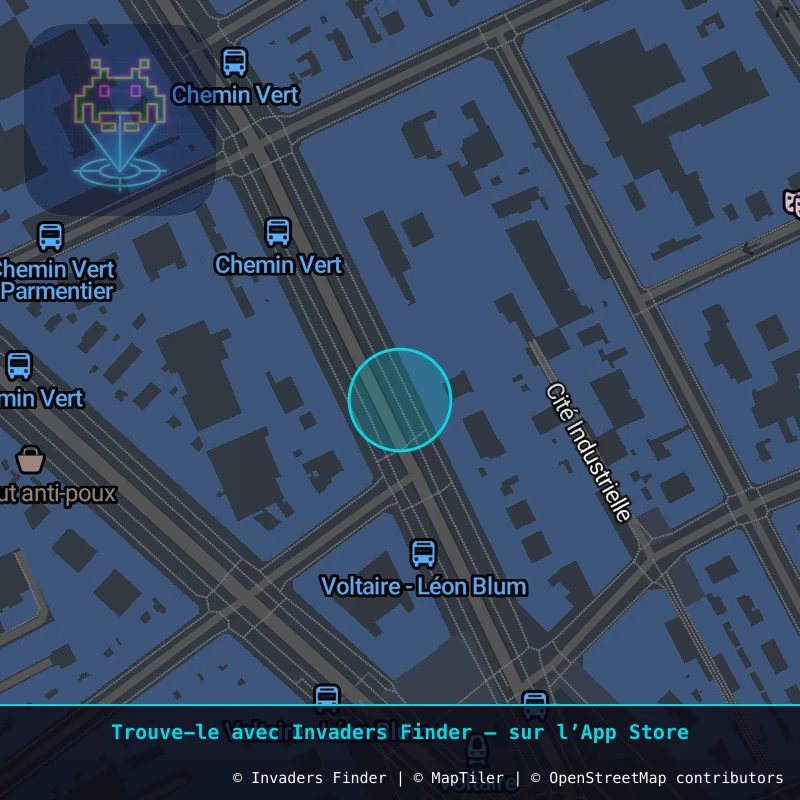 Zone approximative de l'invader PA_1001, dans le quartier 11e arrondissement de Paris à Paris. Emplacement exact disponible dans l'app Invaders Finder.