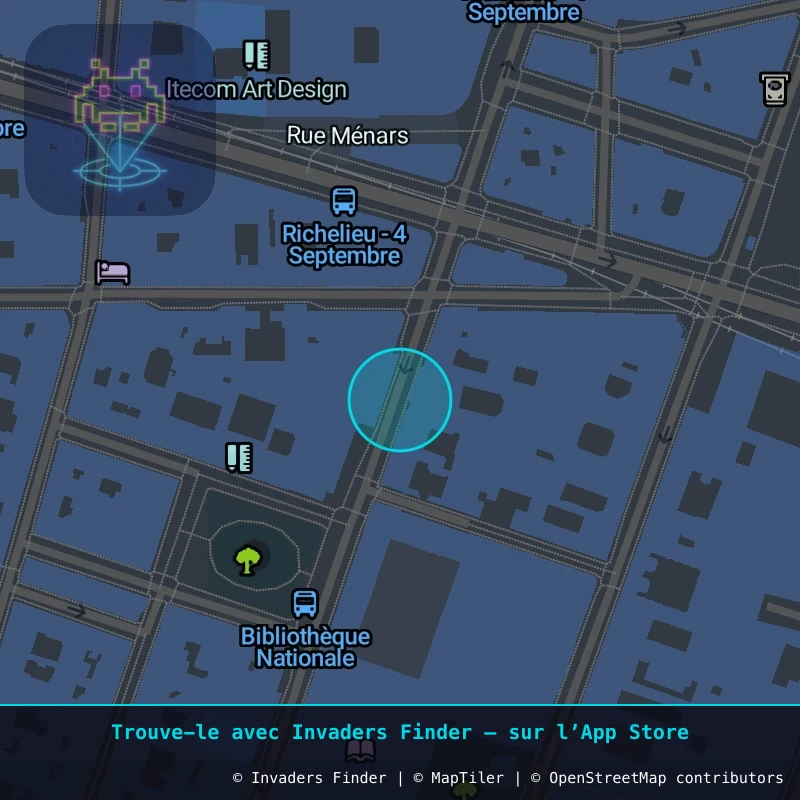 Zone approximative de l'invader PA_1008, dans le quartier 2e arrondissement de Paris à Paris. Emplacement exact disponible dans l'app Invaders Finder.