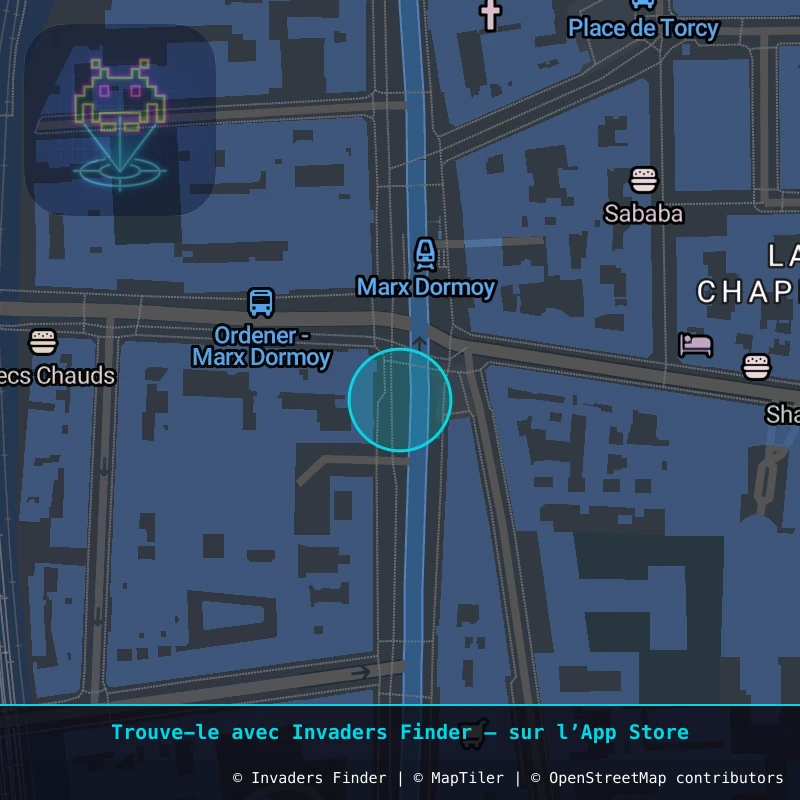 Zone approximative de l'invader PA_1018, dans le quartier 18e arrondissement de Paris à Paris. Emplacement exact disponible dans l'app Invaders Finder.