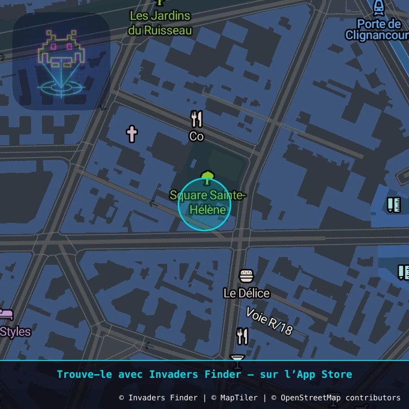 Zone approximative de l'invader PA_1020, dans le quartier 18e arrondissement de Paris à Paris. Emplacement exact disponible dans l'app Invaders Finder.