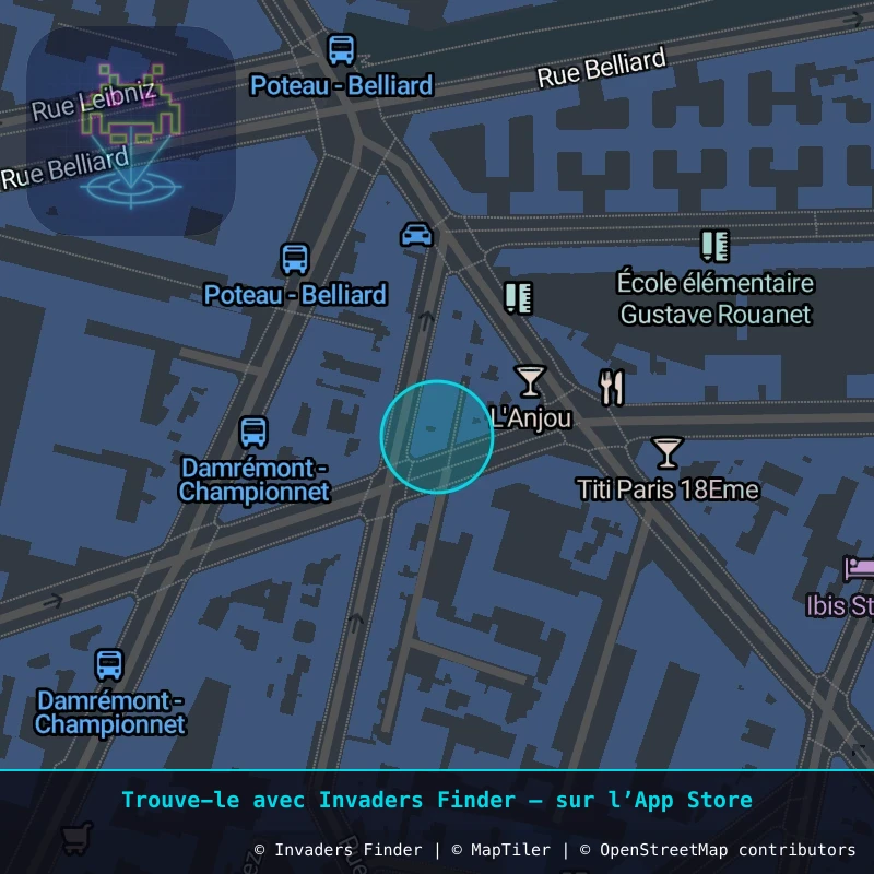 Zone approximative de l'invader PA_1021, dans le quartier 18e arrondissement de Paris à Paris. Emplacement exact disponible dans l'app Invaders Finder.