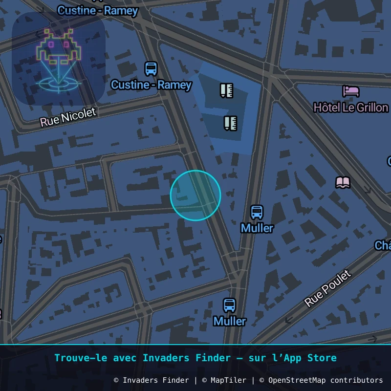 Zone approximative de l'invader PA_1052, dans le quartier 18e arrondissement de Paris à Paris. Emplacement exact disponible dans l'app Invaders Finder.