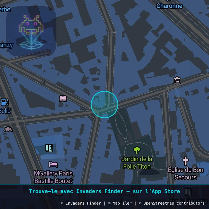 Zone approximative de l'invader PA_1054, dans le quartier 11e arrondissement de Paris à Paris. Emplacement exact disponible dans l'app Invaders Finder.