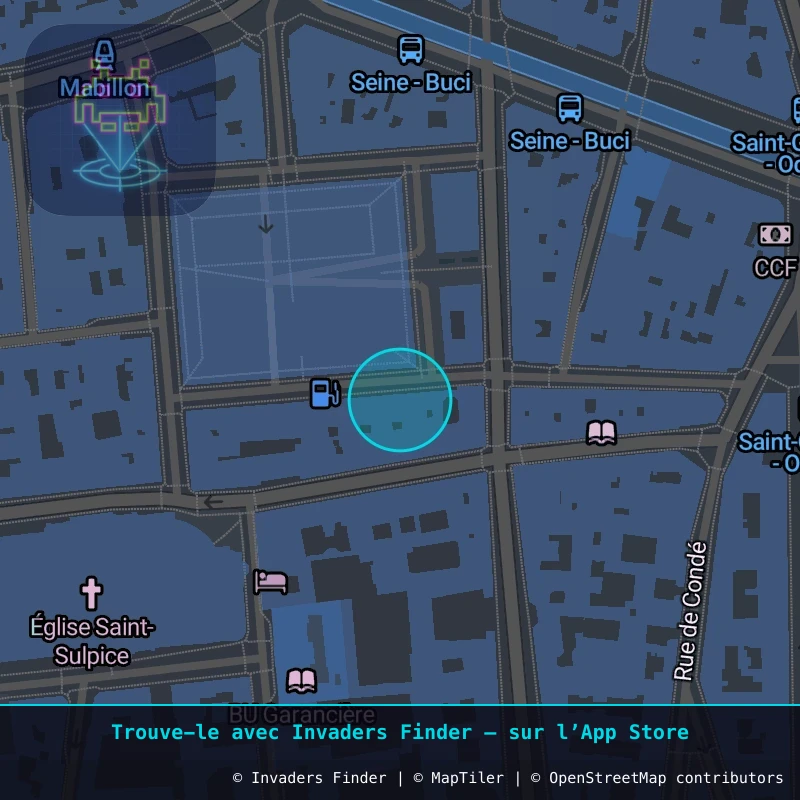 Zone approximative de l'invader PA_1076, dans le quartier 6e arrondissement de Paris à Paris. Emplacement exact disponible dans l'app Invaders Finder.