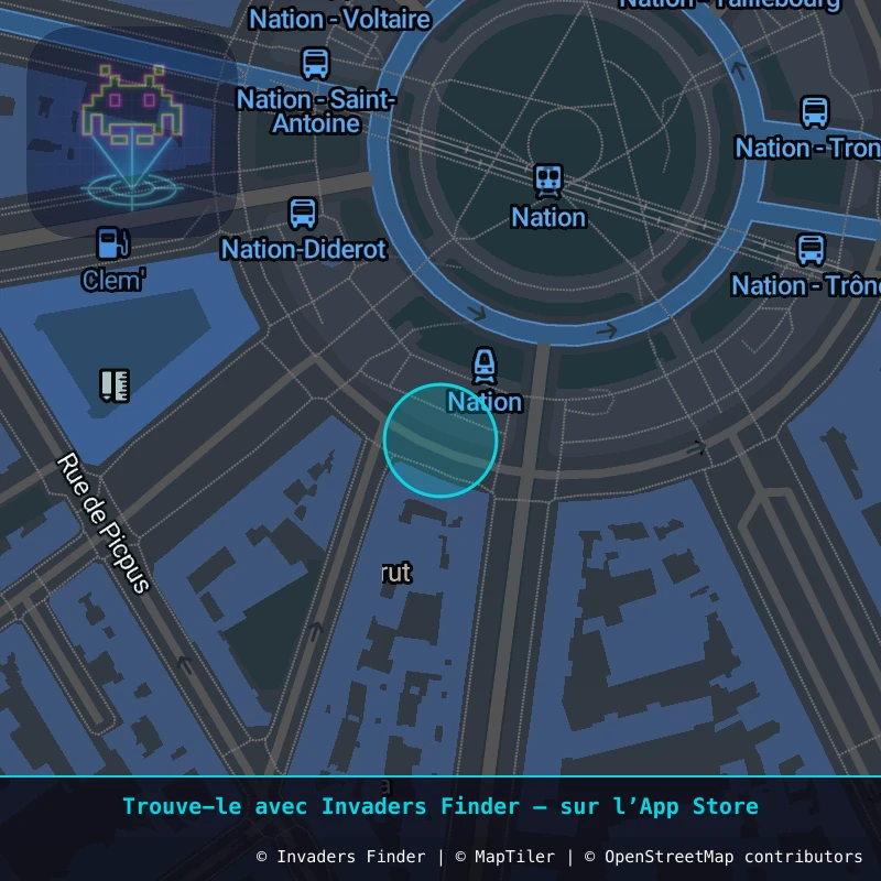 Zone approximative de l'invader PA_1095, dans le quartier 12e arrondissement de Paris à Paris. Emplacement exact disponible dans l'app Invaders Finder.
