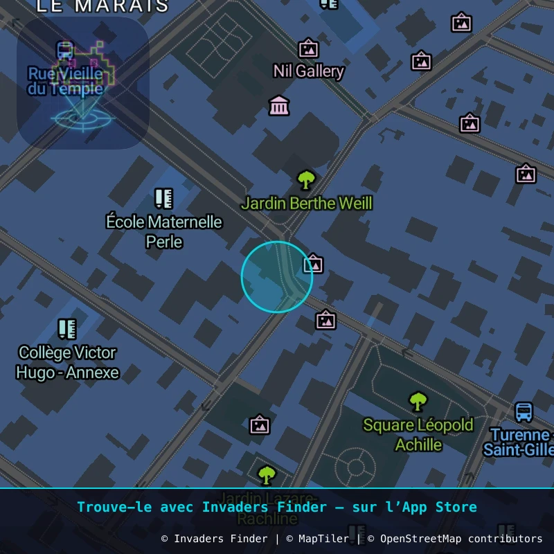 Approximate area of invader PA_1102, in the 3rd arrondissement, Paris area of Paris. Exact location available in the Invaders Finder app.