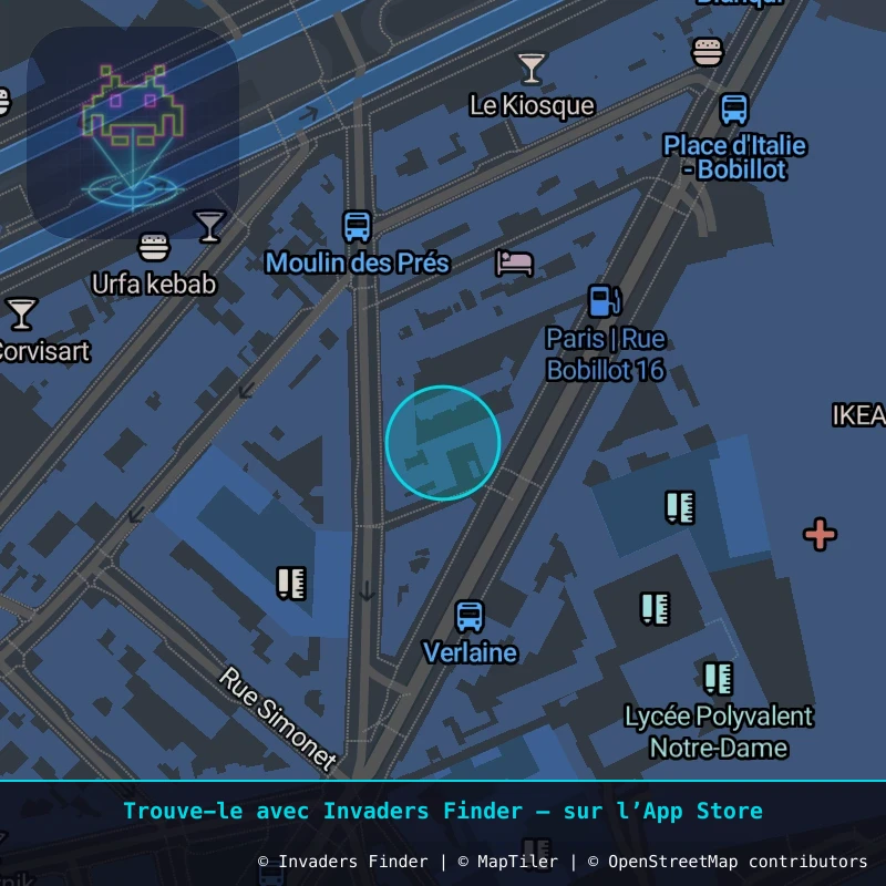 Zone approximative de l'invader PA_1103, dans le quartier 13e arrondissement de Paris à Paris. Emplacement exact disponible dans l'app Invaders Finder.