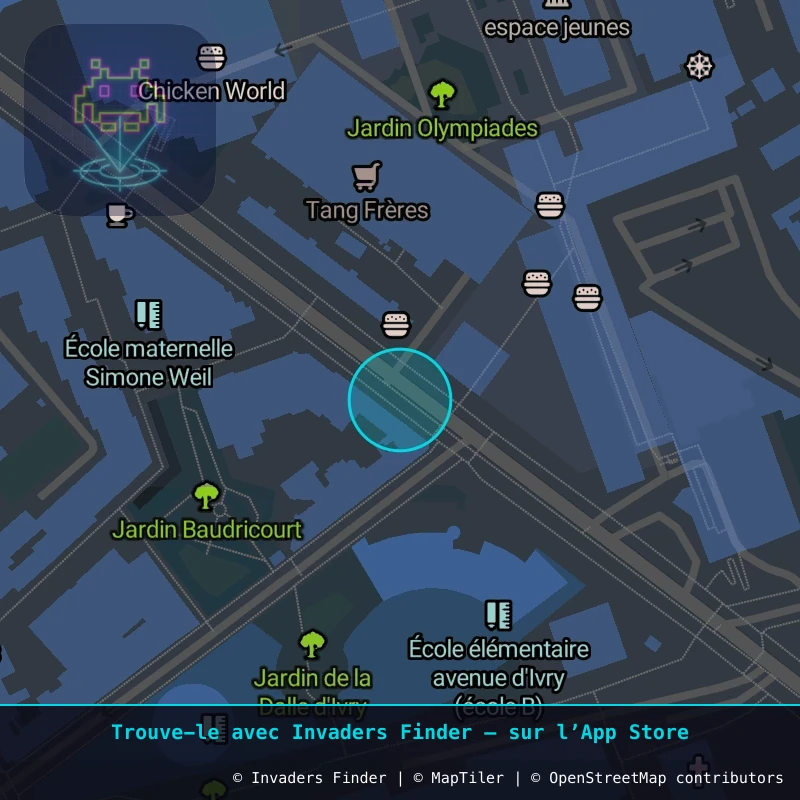 Zone approximative de l'invader PA_1109, dans le quartier 13e arrondissement de Paris à Paris. Emplacement exact disponible dans l'app Invaders Finder.