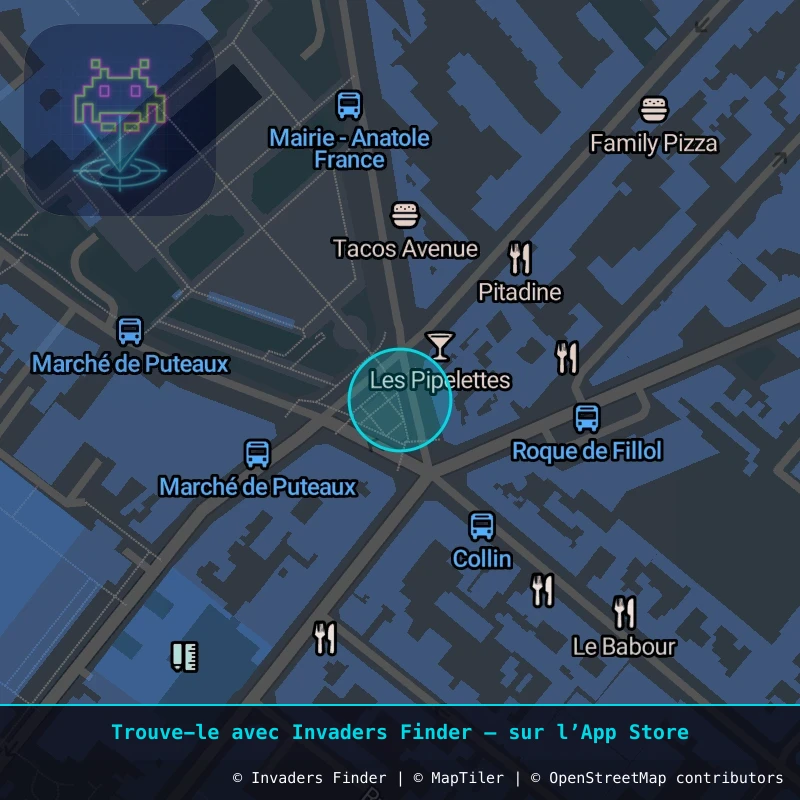 Zone approximative de l'invader PA_1113, dans le quartier Paris métropolitain (PA92) à Paris. Emplacement exact disponible dans l'app Invaders Finder.