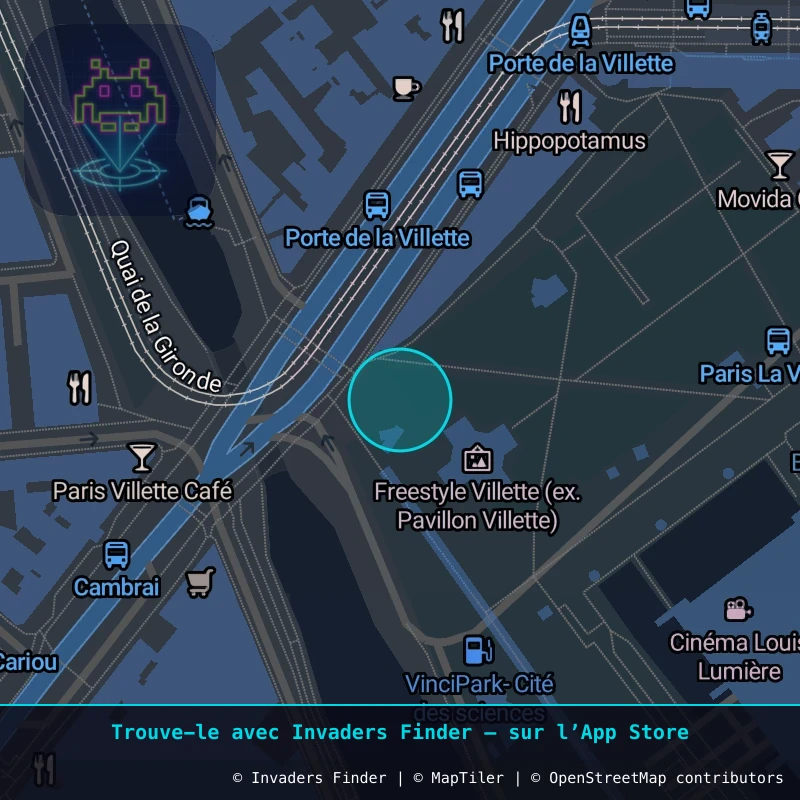 Approximate area of invader PA_1122, in the 19th arrondissement, Paris area of Paris. Exact location available in the Invaders Finder app.
