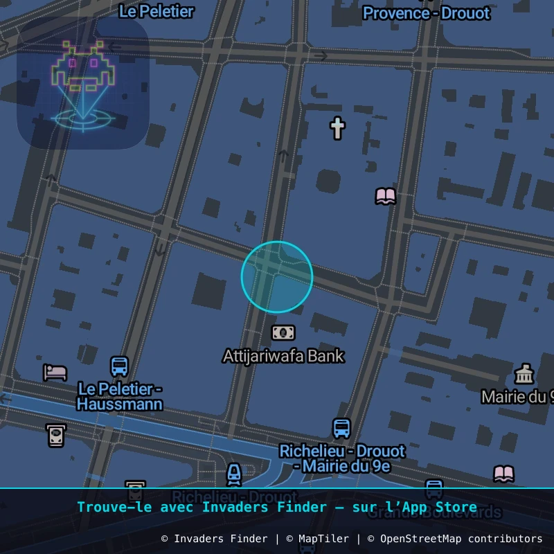 Zone approximative de l'invader PA_1124, dans le quartier 9e arrondissement de Paris à Paris. Emplacement exact disponible dans l'app Invaders Finder.