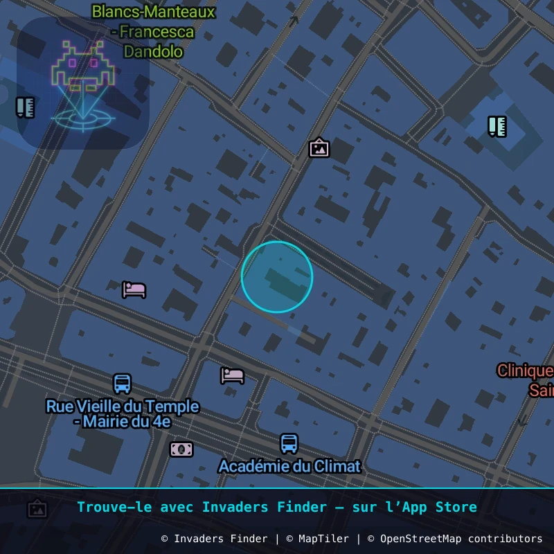 Zone approximative de l'invader PA_114, dans le quartier 4e arrondissement de Paris à Paris. Emplacement exact disponible dans l'app Invaders Finder.