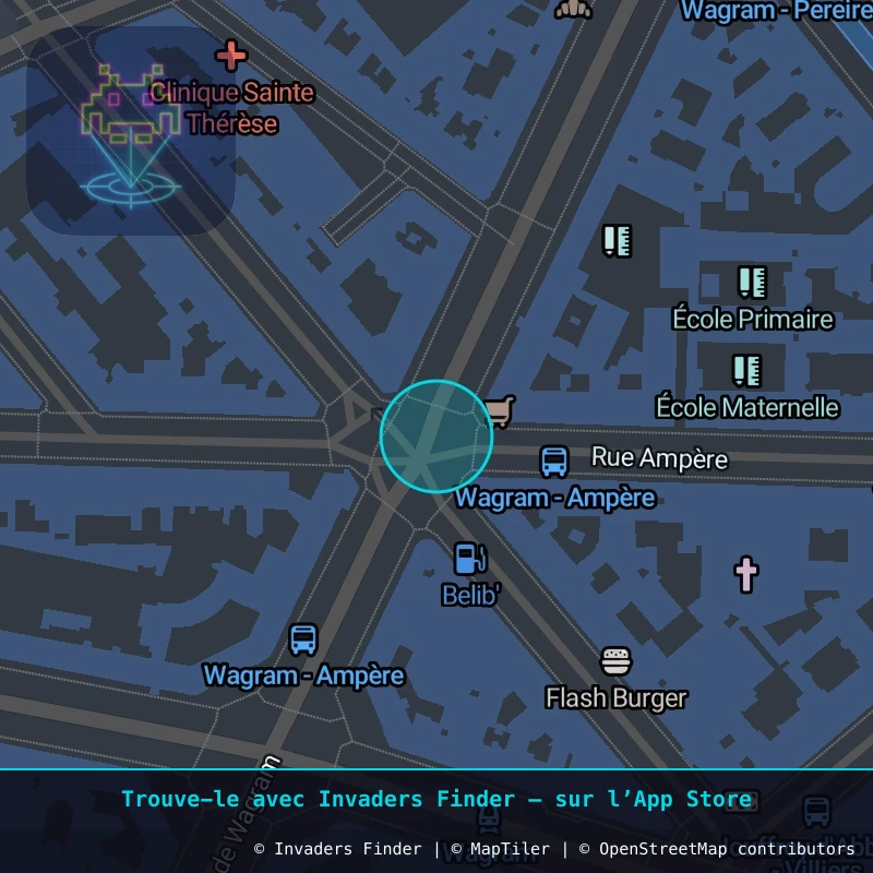 Zone approximative de l'invader PA_1164, dans le quartier 17e arrondissement de Paris à Paris. Emplacement exact disponible dans l'app Invaders Finder.