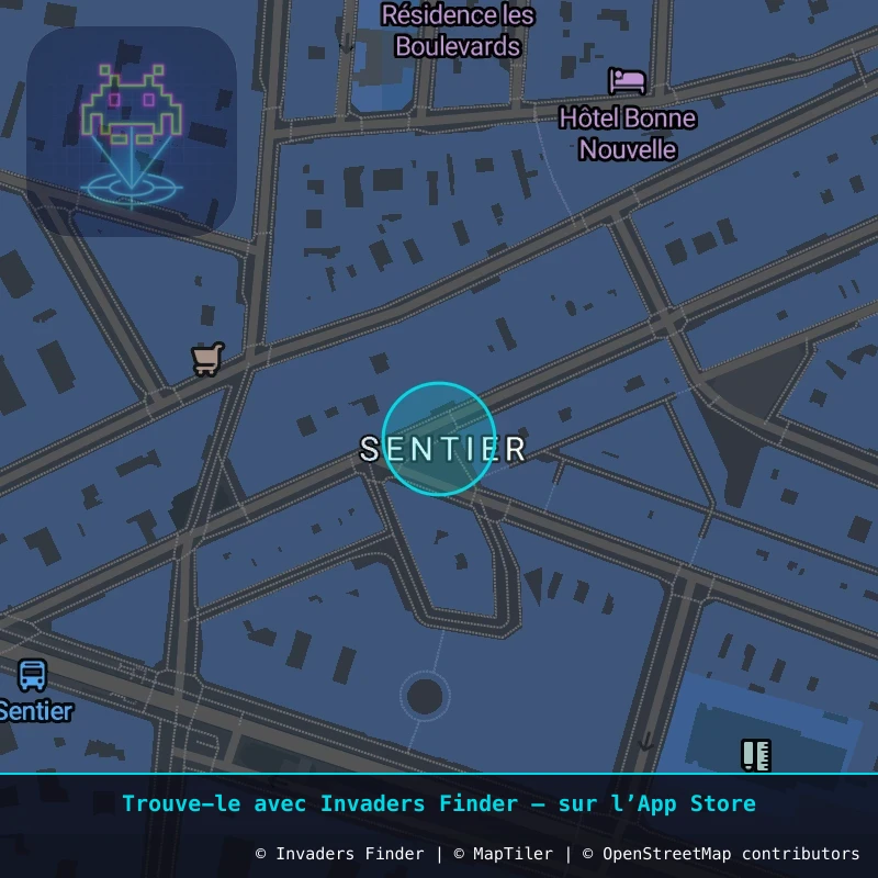 Zone approximative de l'invader PA_1165, dans le quartier 2e arrondissement de Paris à Paris. Emplacement exact disponible dans l'app Invaders Finder.