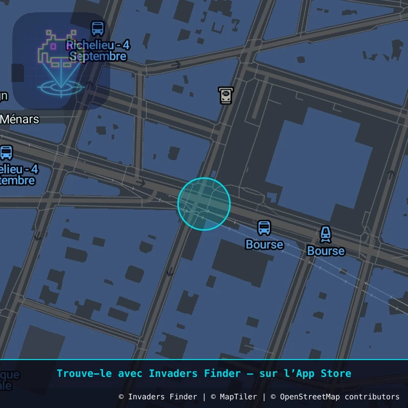 Zone approximative de l'invader PA_1177, dans le quartier 2e arrondissement de Paris à Paris. Emplacement exact disponible dans l'app Invaders Finder.