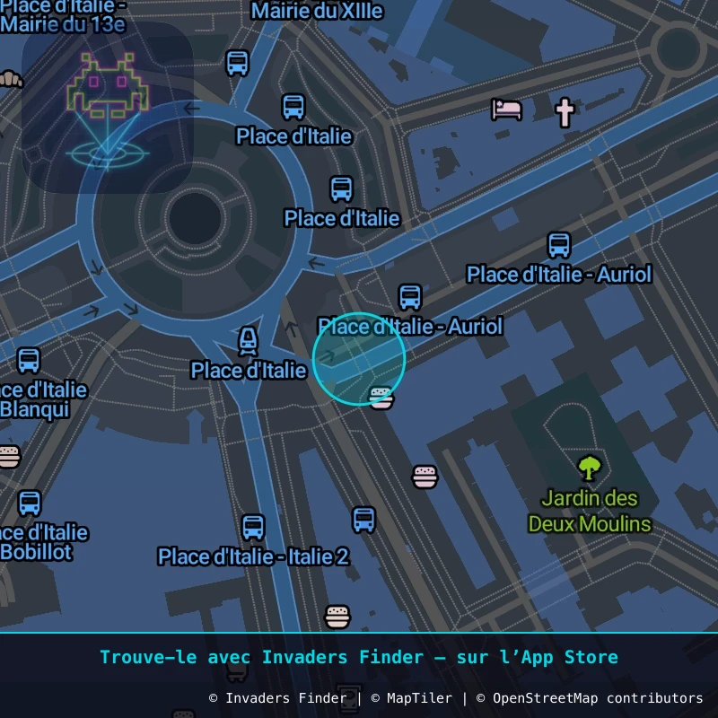 Zone approximative de l'invader PA_1179, dans le quartier 13e arrondissement de Paris à Paris. Emplacement exact disponible dans l'app Invaders Finder.