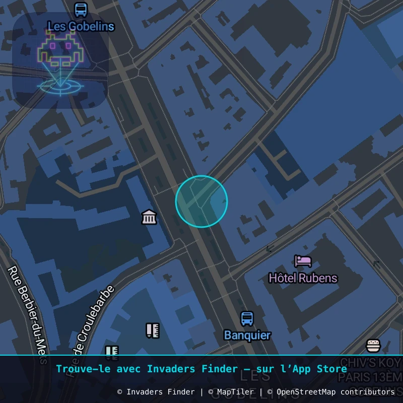 Zone approximative de l'invader PA_1180, dans le quartier 13e arrondissement de Paris à Paris. Emplacement exact disponible dans l'app Invaders Finder.