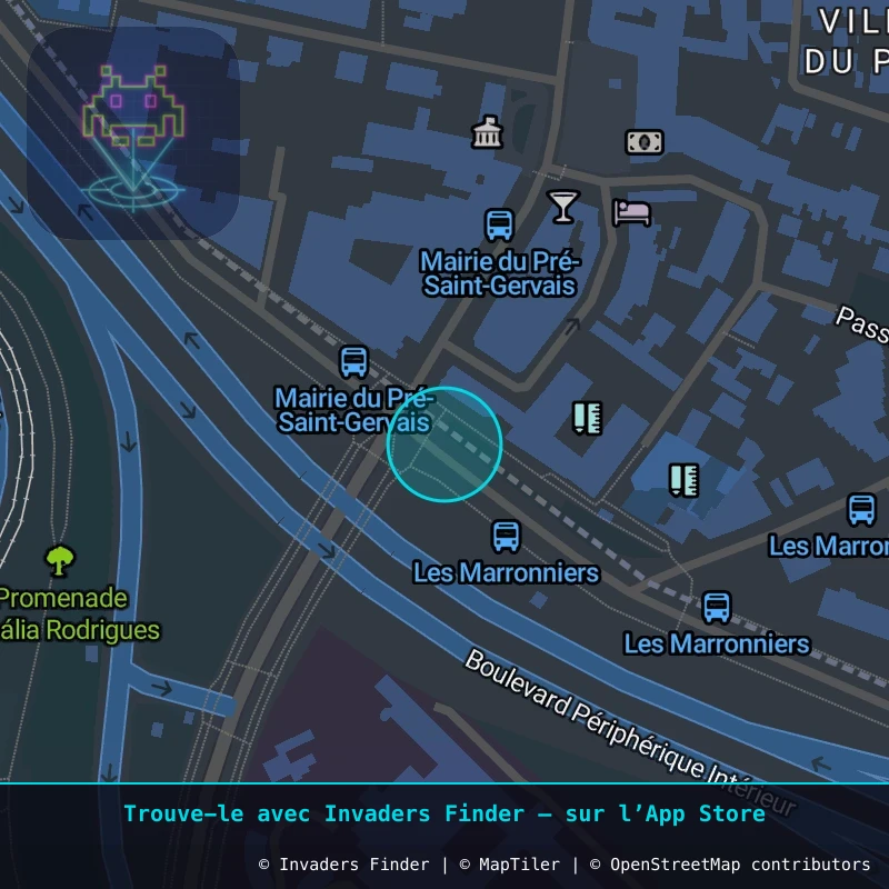 Zone approximative de l'invader PA_1187, dans le quartier Paris métropolitain (PA93) à Paris. Emplacement exact disponible dans l'app Invaders Finder.
