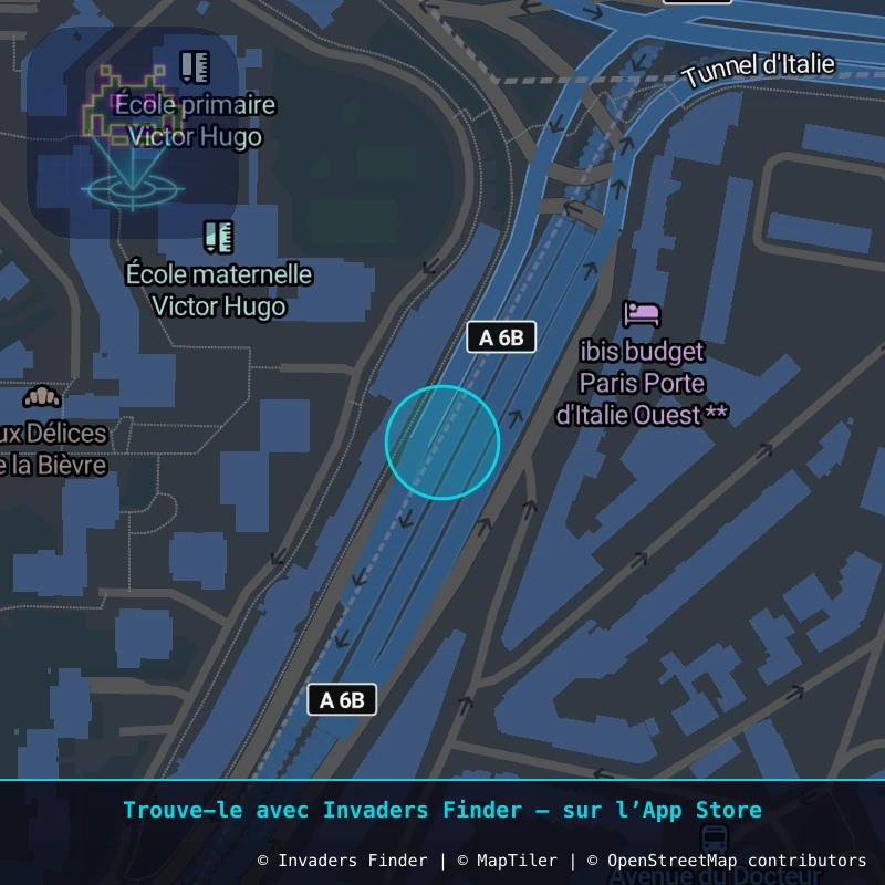 Zone approximative de l'invader PA_1191, dans le quartier Paris métropolitain (PA94) à Paris. Emplacement exact disponible dans l'app Invaders Finder.