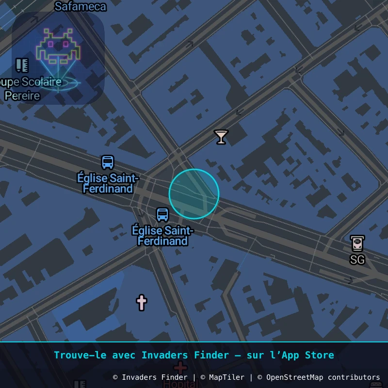 Zone approximative de l'invader PA_1251, dans le quartier 17e arrondissement de Paris à Paris. Emplacement exact disponible dans l'app Invaders Finder.